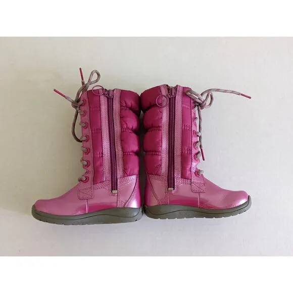 Timberland Girls Sz 7.5 Pink Lace Up Snow Boots Side Zip Leather Winter