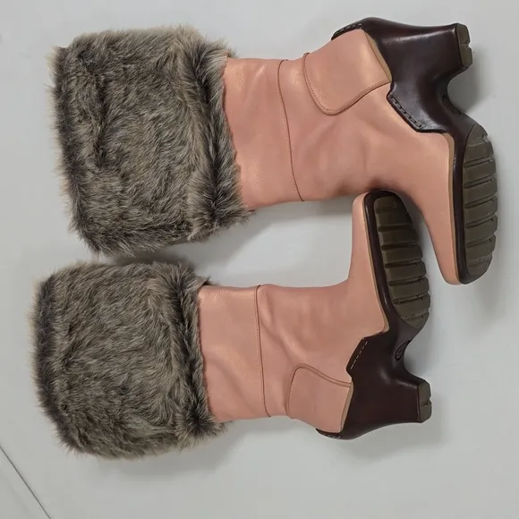 Timberland Iridescent Peach Leather Faux Fur Trim Wedge Winter Snow Boots