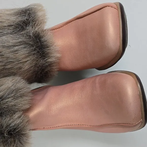 Timberland Iridescent Peach Leather Faux Fur Trim Wedge Winter Snow Boots