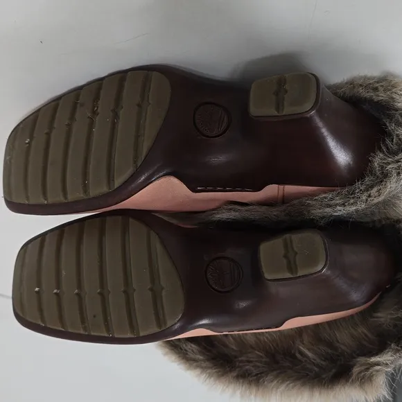 Timberland Iridescent Peach Leather Faux Fur Trim Wedge Winter Snow Boots
