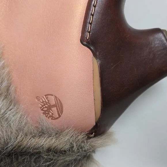 Timberland Iridescent Peach Leather Faux Fur Trim Wedge Winter Snow Boots