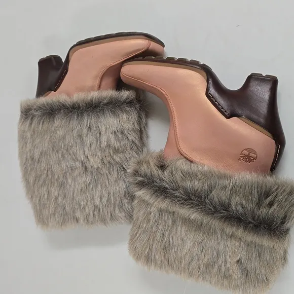 Timberland Iridescent Peach Leather Faux Fur Trim Wedge Winter Snow Boots
