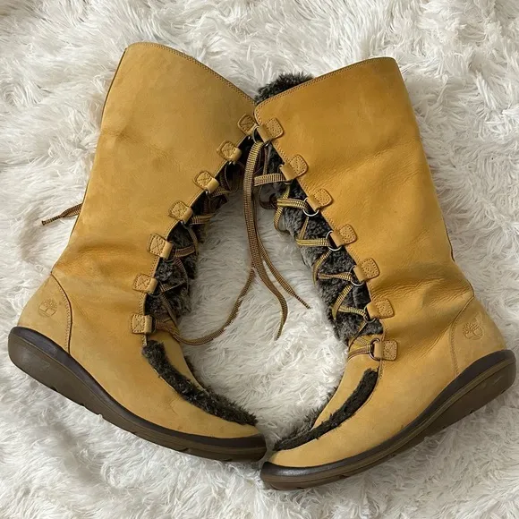 Timberland Wheat Leather Faux Fur Lined Tall Lace Up Winter Boots