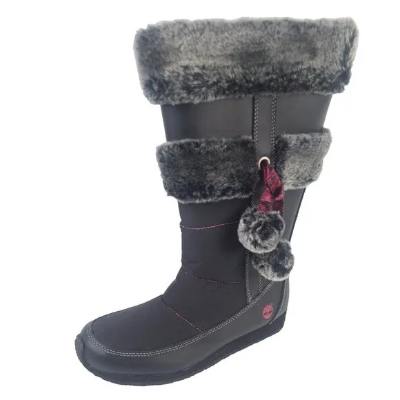 TIMBERLAND Winter Berry Tall Fur Boot Black Leather Sz Girls 5.5 = 7 Women