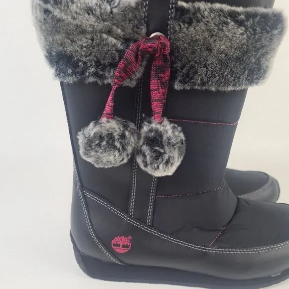 TIMBERLAND Winter Berry Tall Fur Boot Black Leather Sz Girls 5.5 = 7 Women