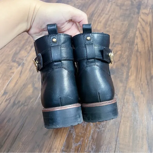 Tommy Hilfiger • Faux Leather Lug Sole Bootie equestrian logo strap buckle