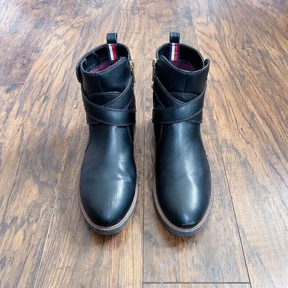 Tommy Hilfiger • Faux Leather Lug Sole Bootie equestrian logo strap buckle