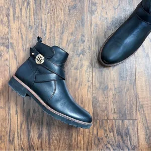 Tommy Hilfiger • Faux Leather Lug Sole Bootie equestrian logo strap buckle
