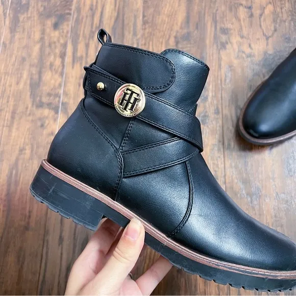 Tommy Hilfiger • Faux Leather Lug Sole Bootie equestrian logo strap buckle