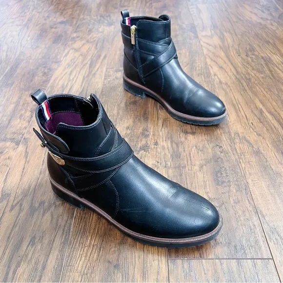 Tommy Hilfiger • Faux Leather Lug Sole Bootie equestrian logo strap buckle