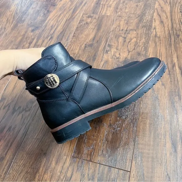 Tommy Hilfiger • Faux Leather Lug Sole Bootie equestrian logo strap buckle