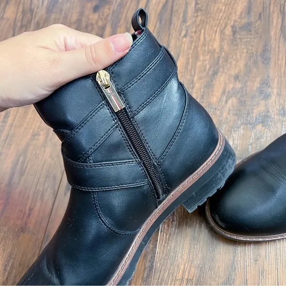 Tommy Hilfiger • Faux Leather Lug Sole Bootie equestrian logo strap buckle