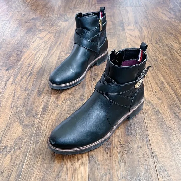 Tommy Hilfiger • Faux Leather Lug Sole Bootie equestrian logo strap buckle
