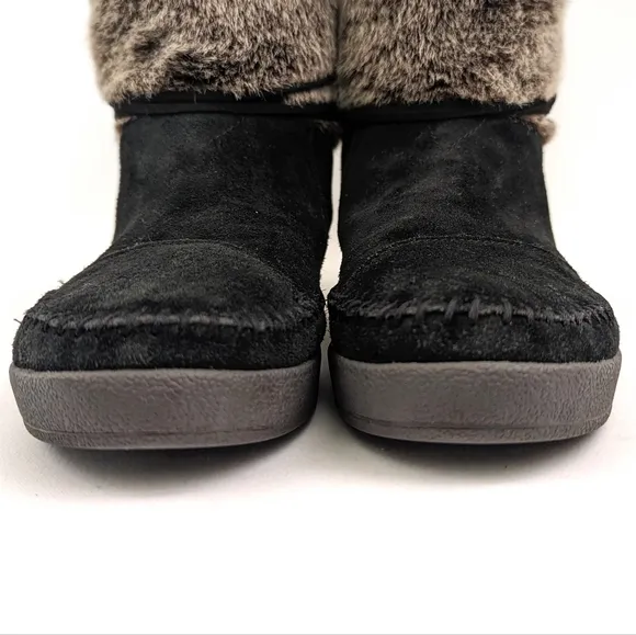 Toms Nepal Moccasin Boots Suede and Faux Fur Ankle Wrap Ties Slip-On Black 7.5