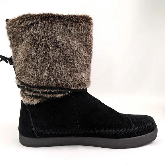 Toms Nepal Moccasin Boots Suede and Faux Fur Ankle Wrap Ties Slip-On Black 7.5