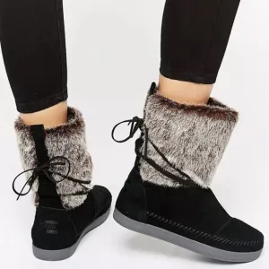 Toms Nepal Moccasin Boots Suede and Faux Fur Ankle Wrap Ties Slip-On Black 7.5