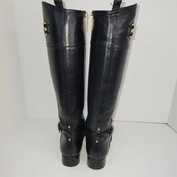Tory Burch Black Leather Nadine Tall Flat Riding Boots Gold Logo Equestrian 6 M