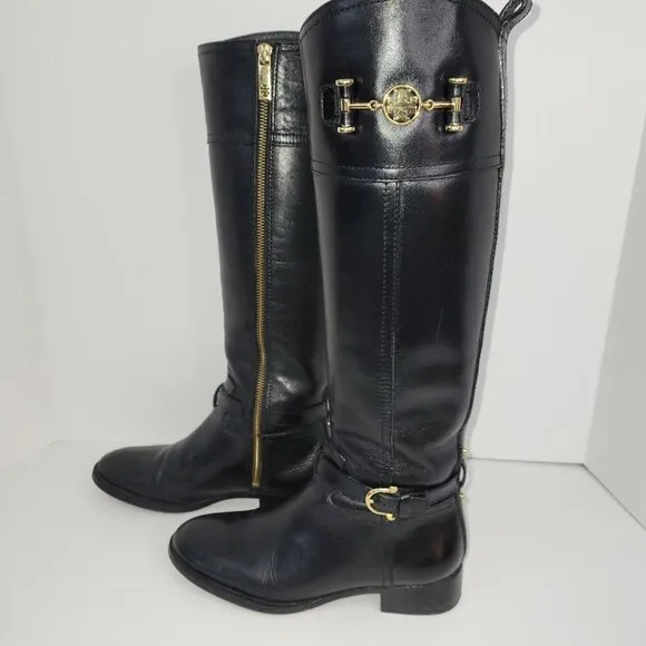 Tory Burch Black Leather Nadine Tall Flat Riding Boots Gold Logo Equestrian 6 M
