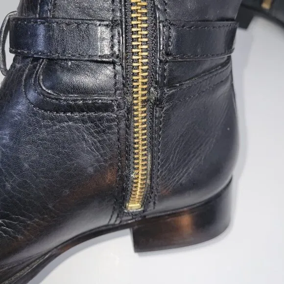 Tory Burch Black Leather Nadine Tall Flat Riding Boots Gold Logo Equestrian 6 M