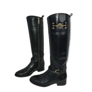 Tory Burch Black Leather Nadine Tall Flat Riding Boots Gold Logo Equestrian 6 M