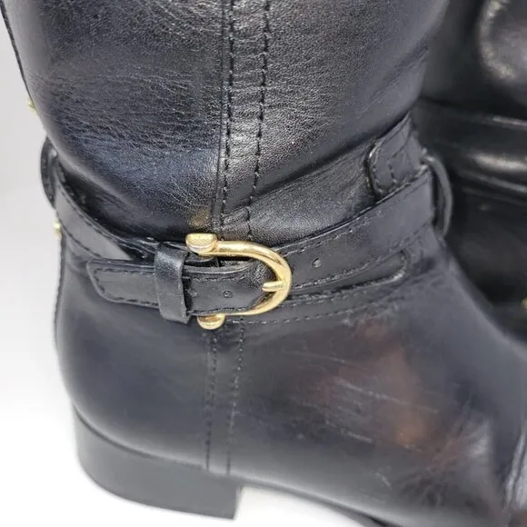Tory Burch Black Leather Nadine Tall Flat Riding Boots Gold Logo Equestrian 6 M