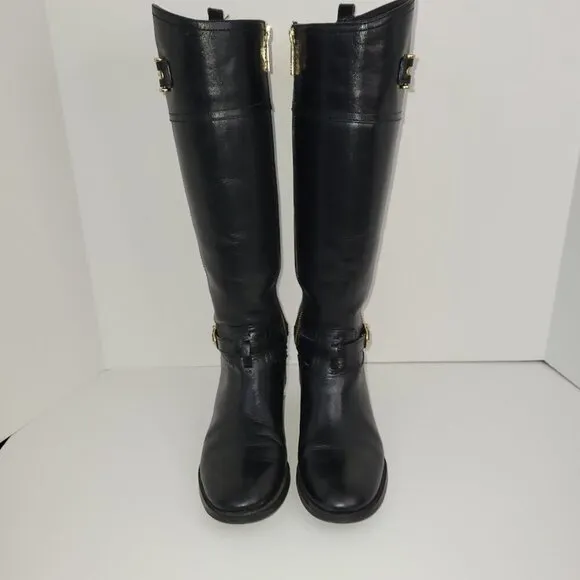 Tory Burch Black Leather Nadine Tall Flat Riding Boots Gold Logo Equestrian 6 M