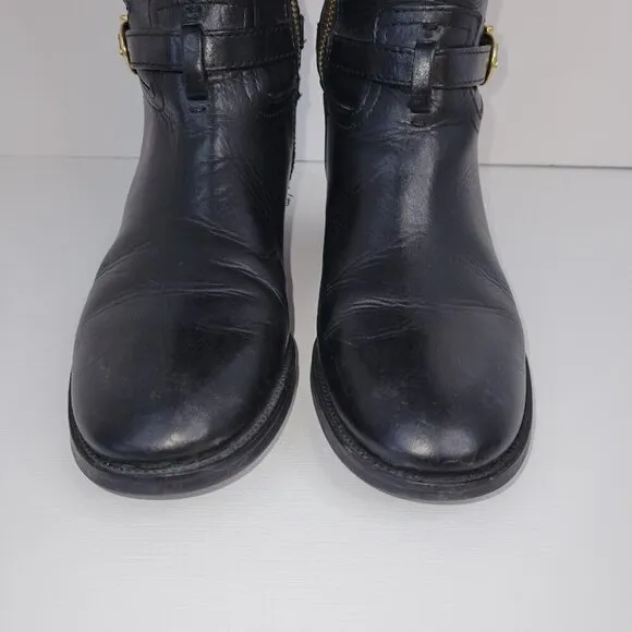 Tory Burch Black Leather Nadine Tall Flat Riding Boots Gold Logo Equestrian 6 M