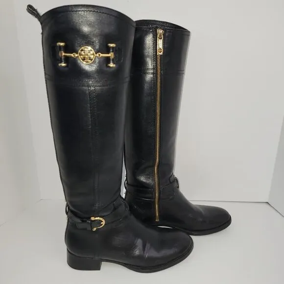 Tory Burch Black Leather Nadine Tall Flat Riding Boots Gold Logo Equestrian 6 M