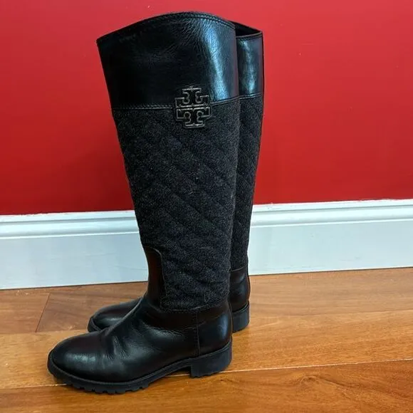 Tory Burch Black Two Tone Mixed Media Leather Riding Boots Equestrian size 5.5 M