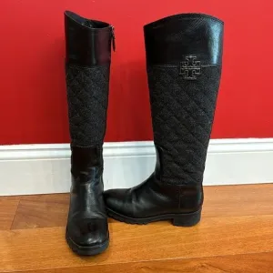 Tory Burch Black Two Tone Mixed Media Leather Riding Boots Equestrian size 5.5 M