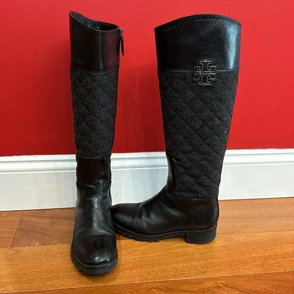 Tory Burch Black Two Tone Mixed Media Leather Riding Boots Equestrian size 5.5 M