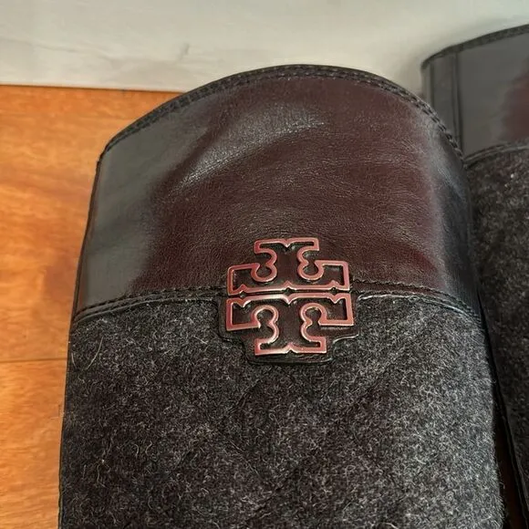 Tory Burch Black Two Tone Mixed Media Leather Riding Boots Equestrian size 5.5 M