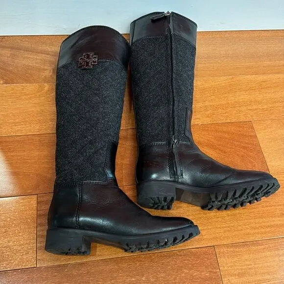 Tory Burch Black Two Tone Mixed Media Leather Riding Boots Equestrian size 5.5 M