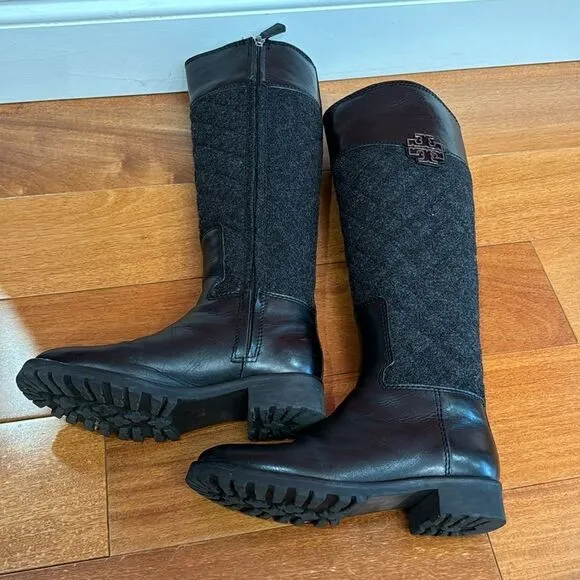 Tory Burch Black Two Tone Mixed Media Leather Riding Boots Equestrian size 5.5 M