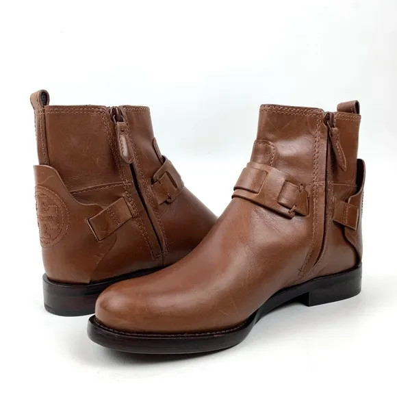 Tory Burch Boots Cognac Brown Leather Harness Equestrian Colton Ankle Size 5