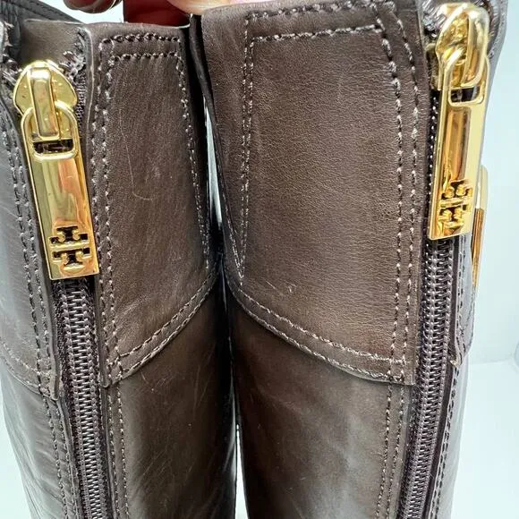 Tory Burch Boots Women's 8M Brown Leather Tall Equestrian Riding Boots Back Zip