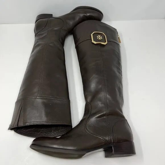 Tory Burch Boots Women's 8M Brown Leather Tall Equestrian Riding Boots Back Zip