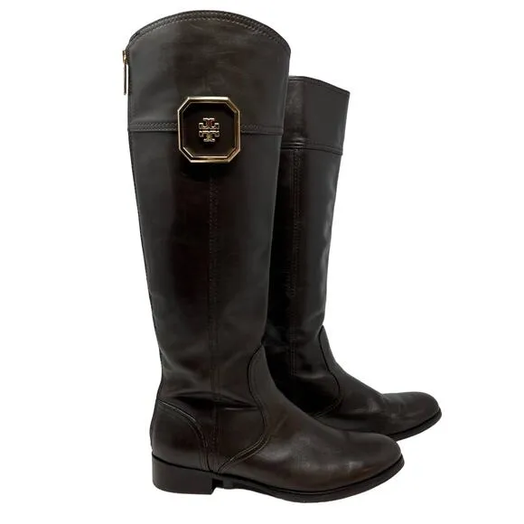 Tory Burch Boots Women's 8M Brown Leather Tall Equestrian Riding Boots Back Zip