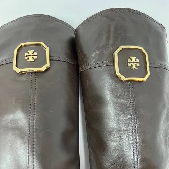 Tory Burch Boots Women's 8M Brown Leather Tall Equestrian Riding Boots Back Zip