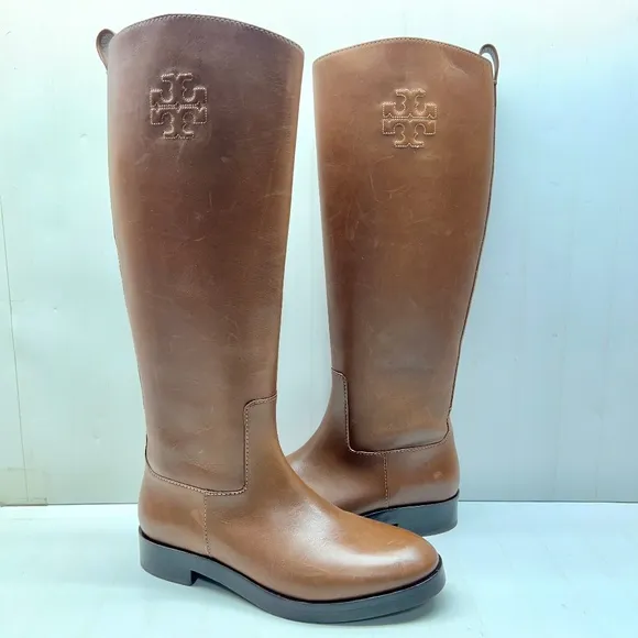 Tory Burch Brown Sidney Logo Leather Tall Riding Boot, size 8 M NEW