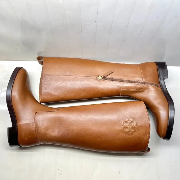 Tory Burch Brown Sidney Logo Leather Tall Riding Boot, size 8 M NEW