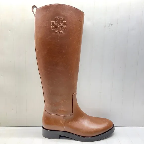 Tory Burch Brown Sidney Logo Leather Tall Riding Boot, size 8 M NEW