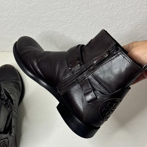 Tory Burch Colton Logo Flat Brown Leather Ankle Moto Boots Size 7.5