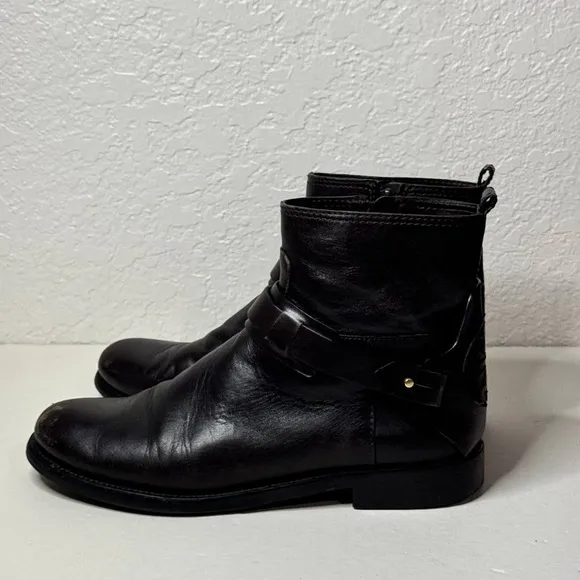 Tory Burch Colton Logo Flat Brown Leather Ankle Moto Boots Size 7.5