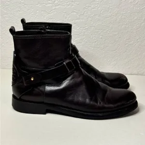 Tory Burch Colton Logo Flat Brown Leather Ankle Moto Boots Size 7.5