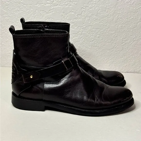 Tory Burch Colton Logo Flat Brown Leather Ankle Moto Boots Size 7.5