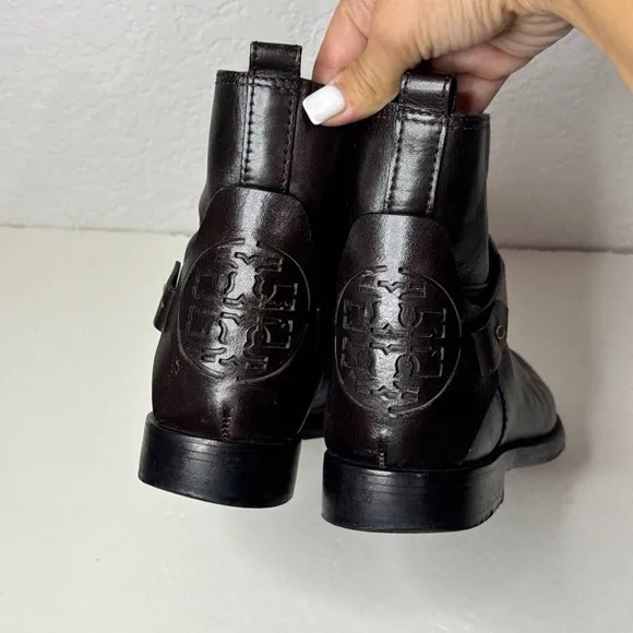 Tory Burch Colton Logo Flat Brown Leather Ankle Moto Boots Size 7.5