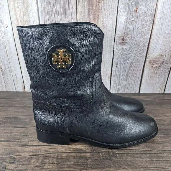 Tory Burch Hallie Mid Shaft Logo Black Leather Riding Boots Women's Sz 9 M (GUC)