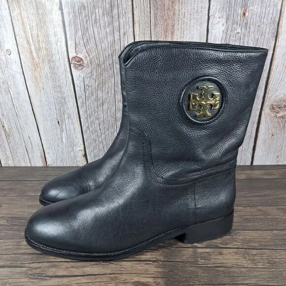 Tory Burch Hallie Mid Shaft Logo Black Leather Riding Boots Women's Sz 9 M (GUC)
