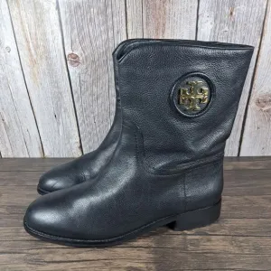 Tory Burch Hallie Mid Shaft Logo Black Leather Riding Boots Women's Sz 9 M (GUC)